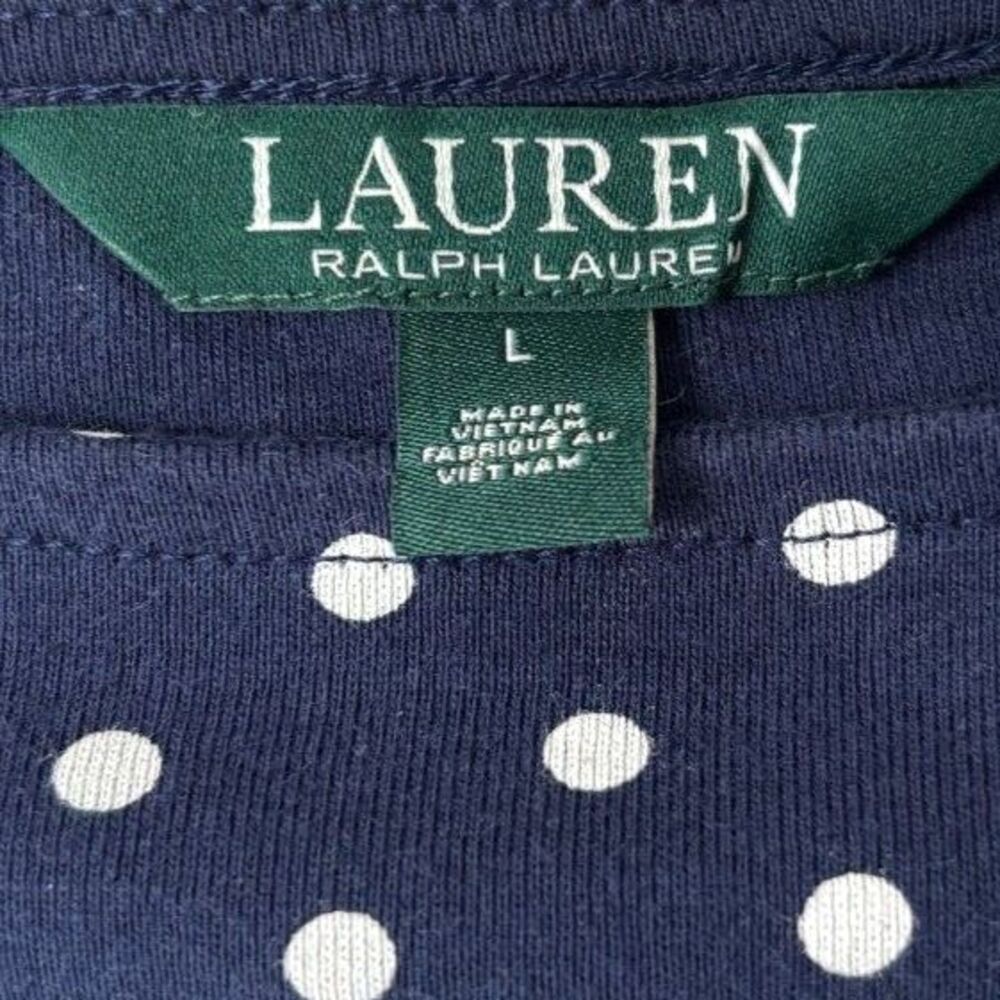 Lauren Ralph Lauren Polka Dot Knit Top Boatneck Ruffle 3/4 Sleeve Fall Navy L - Picture 3 of 5